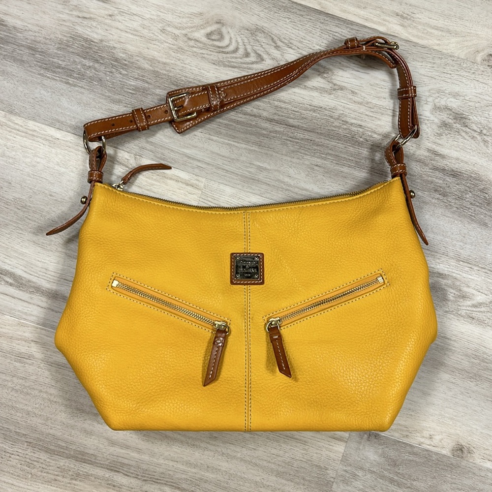 Dooney & Bourke Yellow Pebble Leather Shoulder Bag Brown Strap & Trim Hobo Purse